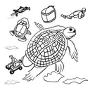 a statue, a toy tractor, a turtle, and a scuba diver tattoo design idea