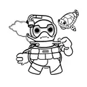 a statue, a toy tractor, a turtle, and a scuba diver tattoo design idea