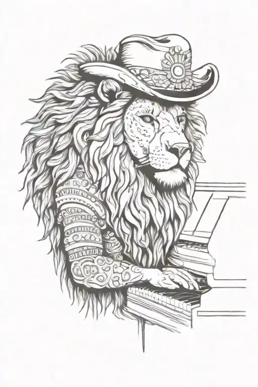 psychaedelic lion with cowboyhat playing piano keys tattoo design idea