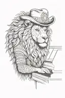 psychaedelic lion with cowboyhat playing piano keys tattoo design idea