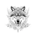 A sleek BMW car with E39 headlights morphing into a majestic wolf, surrounded by intricate flower designs tattoo design idea