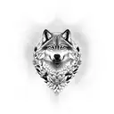 A sleek BMW car with E39 headlights morphing into a majestic wolf, surrounded by intricate flower designs tattoo design idea