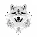 A sleek BMW car with E39 headlights morphing into a majestic wolf, surrounded by intricate flower designs tattoo design idea