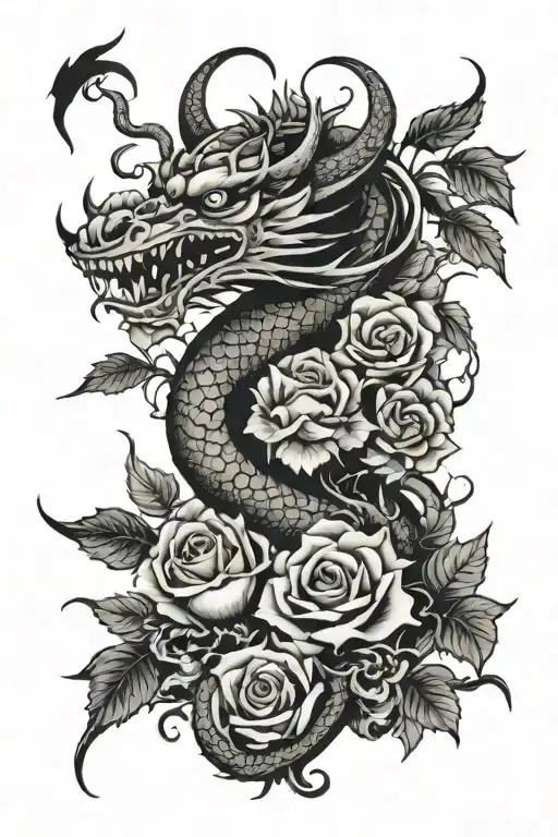 Chinese dragon leg sleeve featuring thorny roses and a tengu mask tattoo design idea