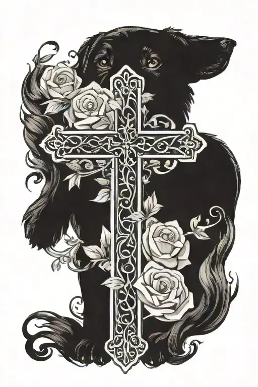 cross with my dog and my sons name  tattoo design idea