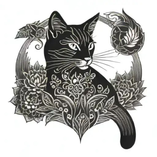 A mandala design incorporating a cat silhouette tattoo design idea