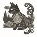 A mandala design incorporating a cat silhouette tattoo design idea