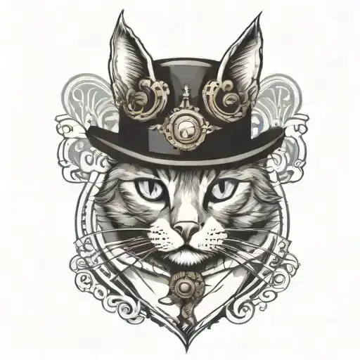 a cat with a top hat, wearing a monocle, diamond eye pupils, smiling tattoo design idea