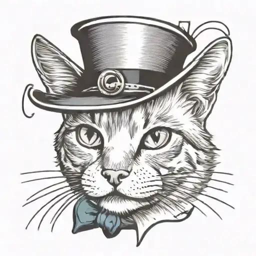 Cat with a top hat, a monocle, diamond eye pupils, smiling tattoo design idea