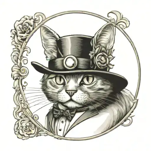 a cat with a top hat wearing a monocle diamond eye pupils smiling tattoo design idea