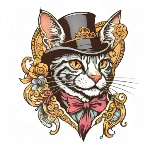 a cat with a top hat, a monocle, diamond eye pupils, smiling tattoo design idea