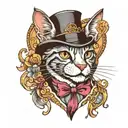 a cat with a top hat, a monocle, diamond eye pupils, smiling tattoo design idea