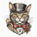 a cat with a top hat, a monocle, diamond eye pupils, smiling tattoo design idea