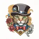 a cat with a top hat, a monocle, diamond eye pupils, smiling tattoo design idea