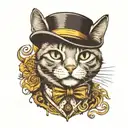 a cat with a top hat, a monocle, diamond eye pupils, smiling tattoo design idea