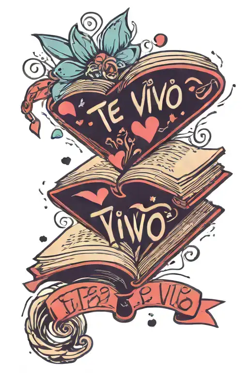 OPEN BOOK WITH THE WORDS TE VIVO FLOATING OUT WITH HEARTS tattoo design idea
