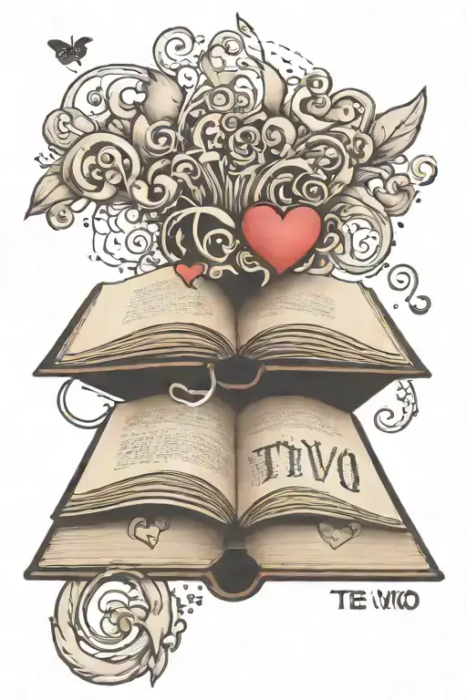 OPEN BOOK WITH THE WORDS TE VIVO FLOATING OUT WITH HEARTS tattoo design idea