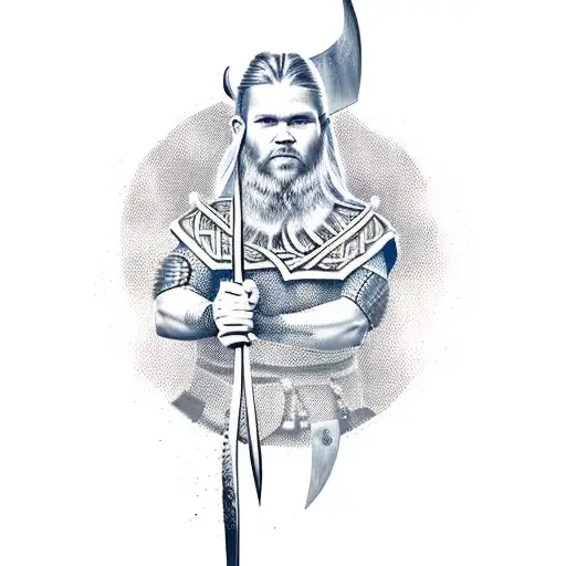 A Viking warrior wielding a lightning-infused blade, standing in front of a majestic Scandinavian tree tattoo design idea