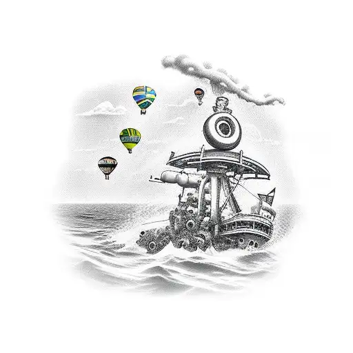balloon dog in scuba gear near a shipwreck with sea life and an octopus tattoo design idea
