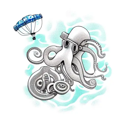 balloon dog in scuba gear near a shipwreck with sea life and an octopus tattoo design idea