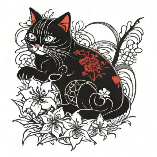 black and red lucky cat with spider lilies scattered throughout tattoo design idea