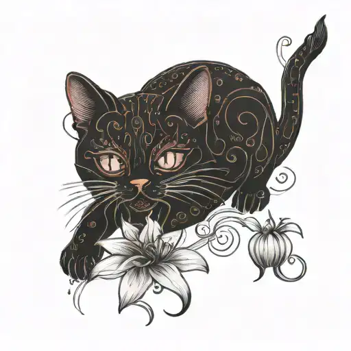 black and red lucky cat with spider lilies scattered throughout tattoo design idea