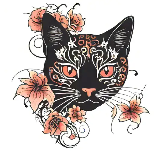 black and red lucky cat with spider lilies scattered throughout tattoo design idea