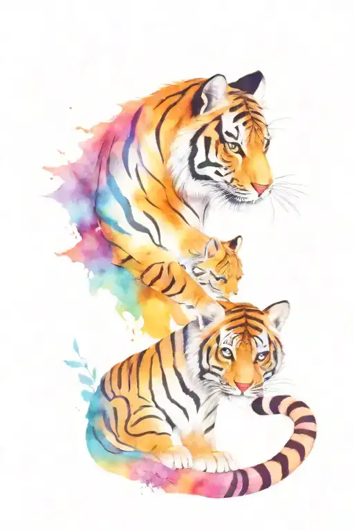 , tiger and her cub, colourful tree of life. tattoo design idea