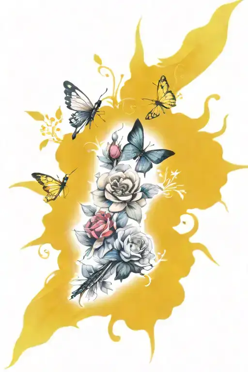 Full leg tattoo colourful and black and white with a Butterfly, Hummingbird, Dragonfly and Phoenix, roses, sunflowers.  tattoo design idea