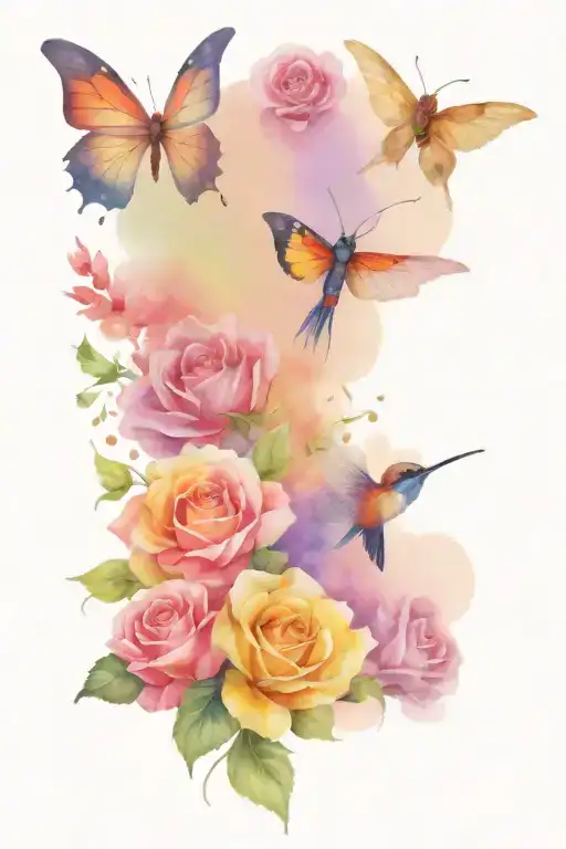 colourful Butterfly, Hummingbird, Dragonfly and Phoenix, roses, sunflowers tattoo design idea