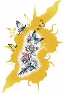 Full leg tattoo colourful and black and white with a Butterfly, Hummingbird, Dragonfly and Phoenix, roses, sunflowers.  tattoo design idea