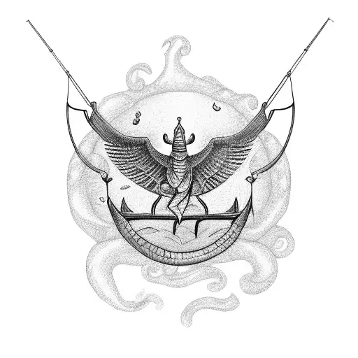 A dotwork tattoo of a fisherman catching a mythical Egyptian creature tattoo design idea