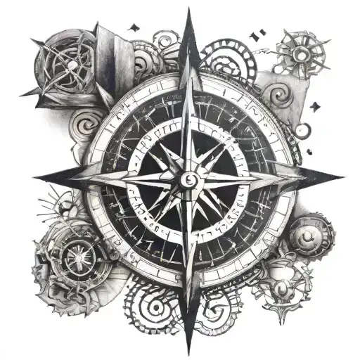 A dotwork tattoo of a compass rose surrounded by various book symbols, representing your passion for reading and exploring new places tattoo design idea