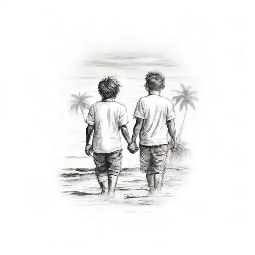 Two brothers holding hands on a beach with palm trees in the background tattoo design idea