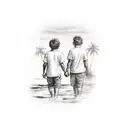 Two brothers holding hands on a beach with palm trees in the background tattoo design idea