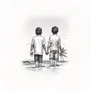 Two brothers holding hands on a beach with palm trees in the background tattoo design idea