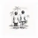 Two brothers holding hands on a beach with palm trees in the background tattoo design idea