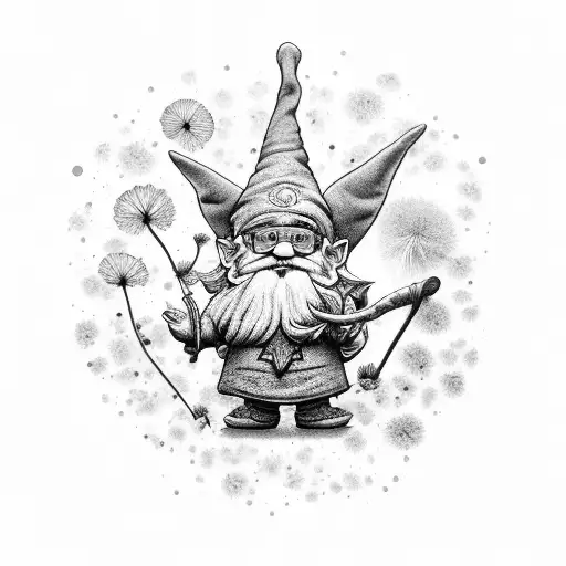 gnome with crystals, mushtooms and dandelion wishes tattoo design idea