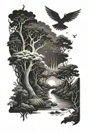 Tattoo sleeve negative space forest at night with river, forest spirits (Kodama, Leshen, Korok, totoro, etc) tattoo design idea
