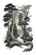Tattoo sleeve negative space forest at night with river, forest spirits (Kodama, Leshen, Korok, totoro, etc) tattoo design idea