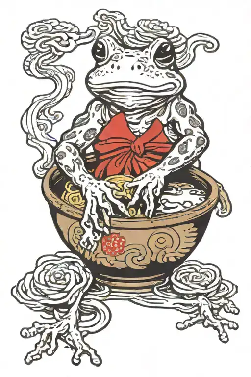 ramen bowl with traditional japanese frog chilling with a little towel sitting on its head. tattoo design idea