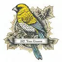 yellow canary with the inscription 1907 and in Turkish "always by your side" (on the back) tattoo design idea