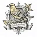 yellow canary with the inscription 1907 and in Turkish "always by your side" (on the back) tattoo design idea