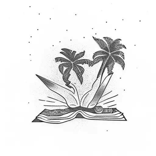 A dotwork tattoo of a palm tree silhouette against a setting sun, with a book resting on the sand tattoo design idea