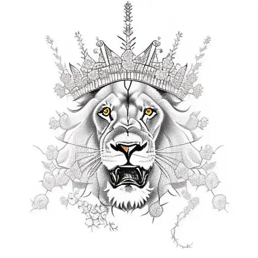 lion with crown of thorns with gardenia flowers tattoo design idea