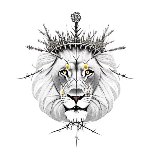 lion with crown of thorns with gardenia flowers, mouth open tattoo design idea