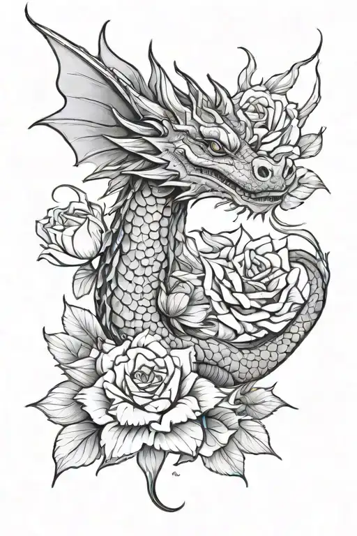 dragon, roses, lotus flower, simple design, feminine, mother, stength tattoo design idea