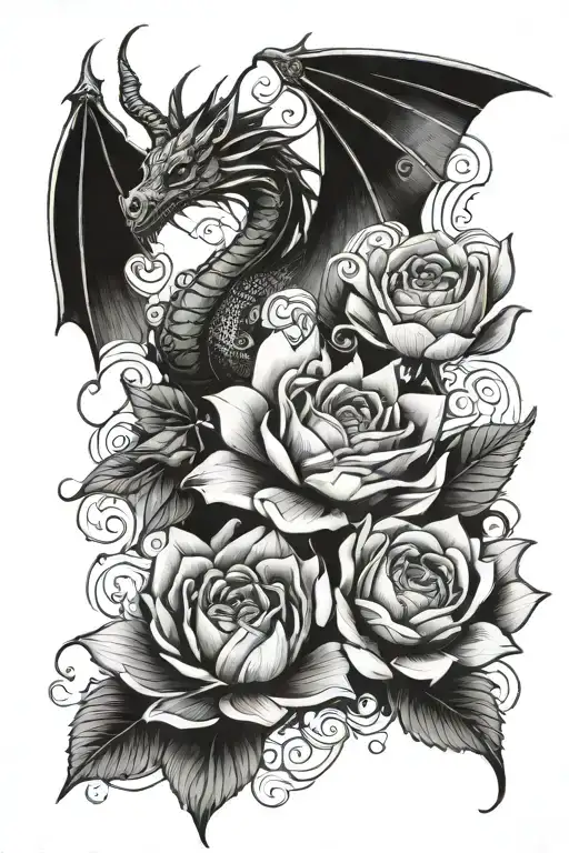 feminine,  mother, dragon, rose, lotus flower, simple, fantasy, romantic, strong tattoo design idea