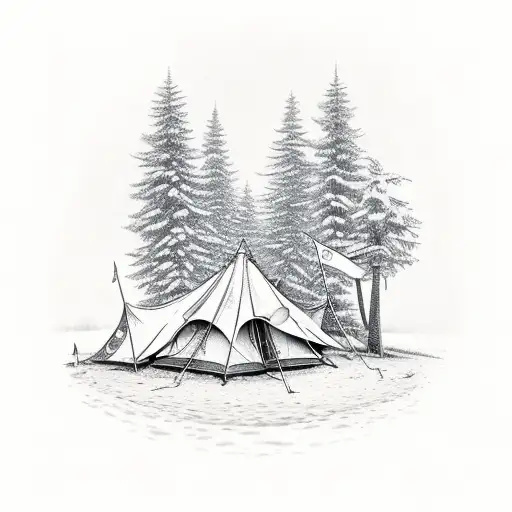 An intricate design of a campsite with a roaring fire, surrounded by tents, camping gear, and a dirt bike parked nearby tattoo design idea