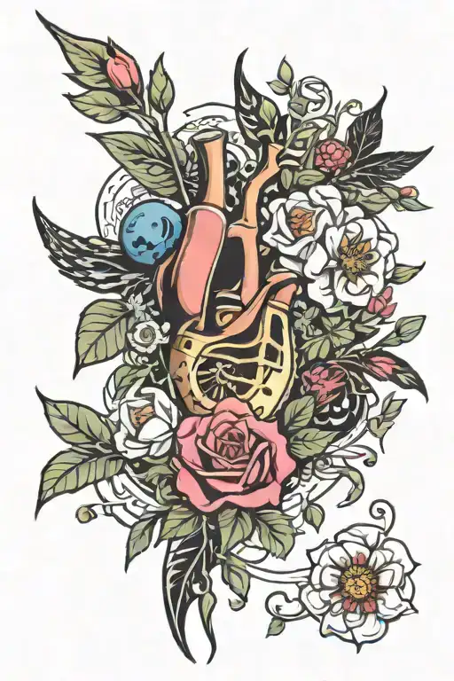 flowers and plant with iconic symbols of músic and bands as rolling stones Pink floyd supetramp and David bowie  tattoo design idea